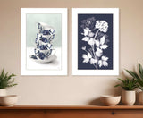 Set Of Two Tea Towers with Flowers Blue White Framed Print Kitchen Wall Art - Homeroots - Flyclothing LLC