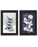 Set Of Two Tea Towers with Flowers Blue Black Framed Print Kitchen Wall Art - Homeroots - Flyclothing LLC