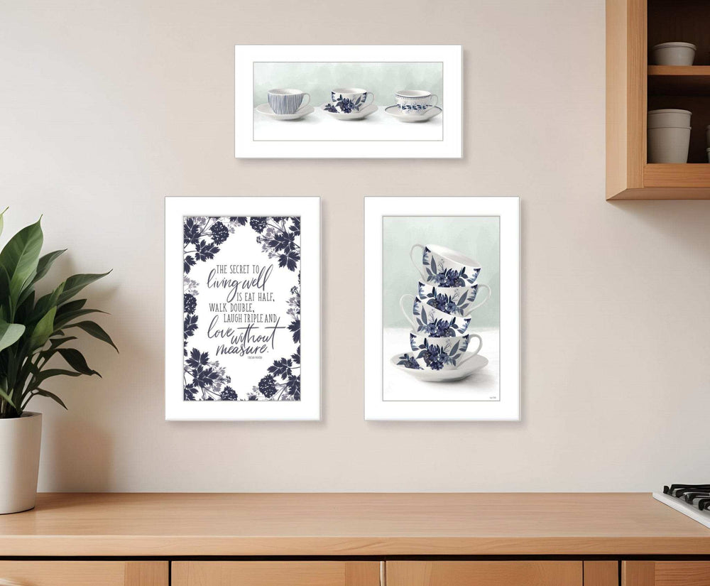 Set Of Three Tea tower with Cups and Sauces White Framed Print Kitchen Wall Art - Homeroots - Flyclothing LLC