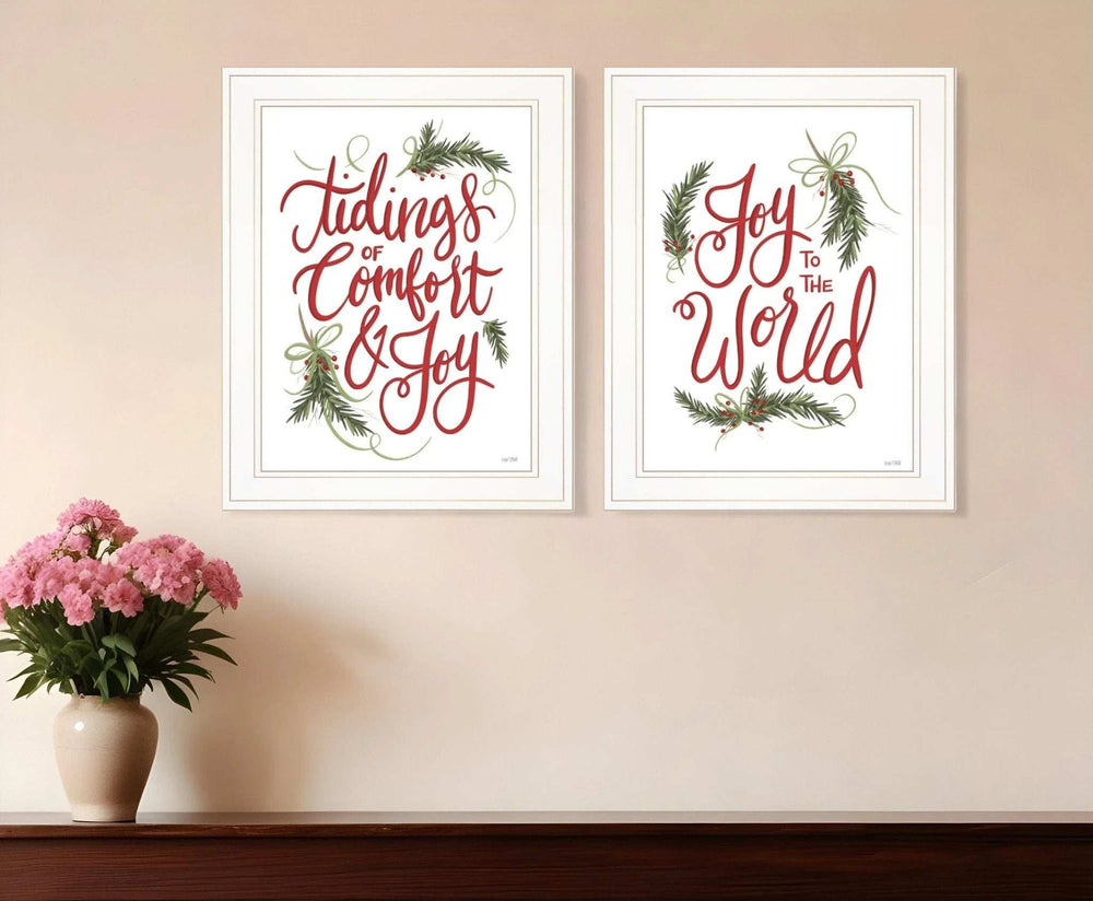 Set Of Two Good Tidings and Joy White Framed Print Wall Art - Homeroots - Flyclothing LLC