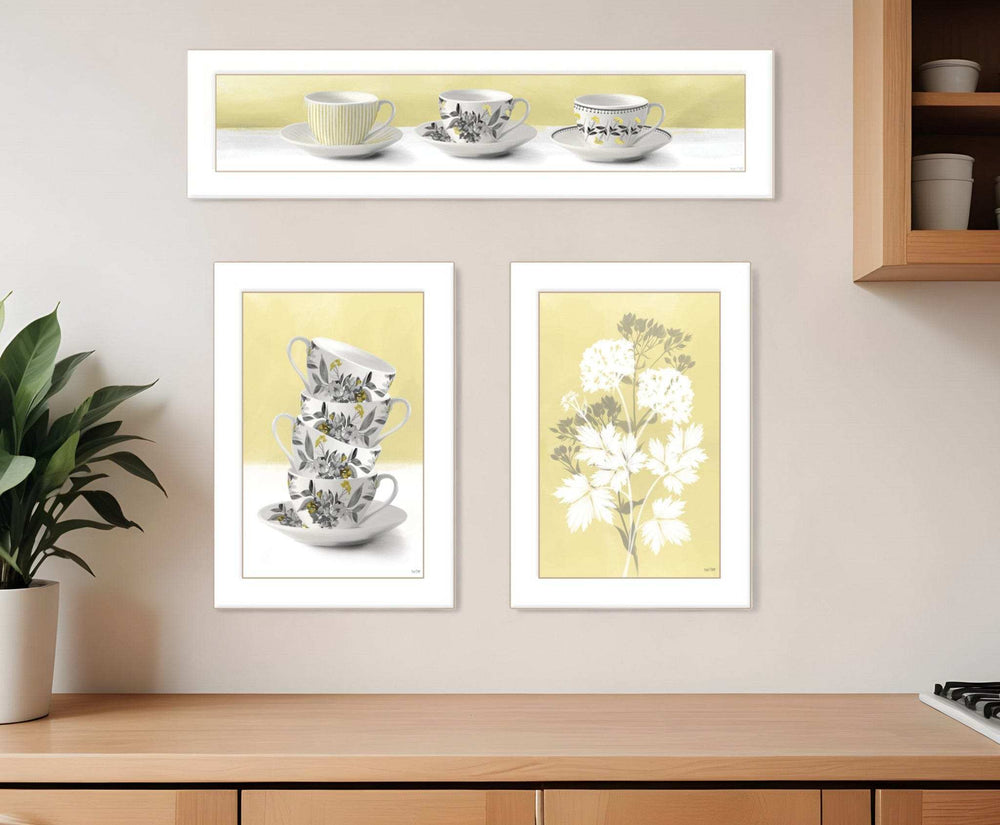 Set Of Three Tea Cups and Yellow Flowers White Framed Print Kitchen Wall Art - Homeroots - Flyclothing LLC