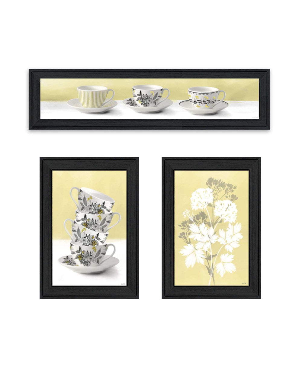 Set Of Three Tea Cups and Yellow Flowers Black Framed Print Kitchen Wall Art - Homeroots - Flyclothing LLC