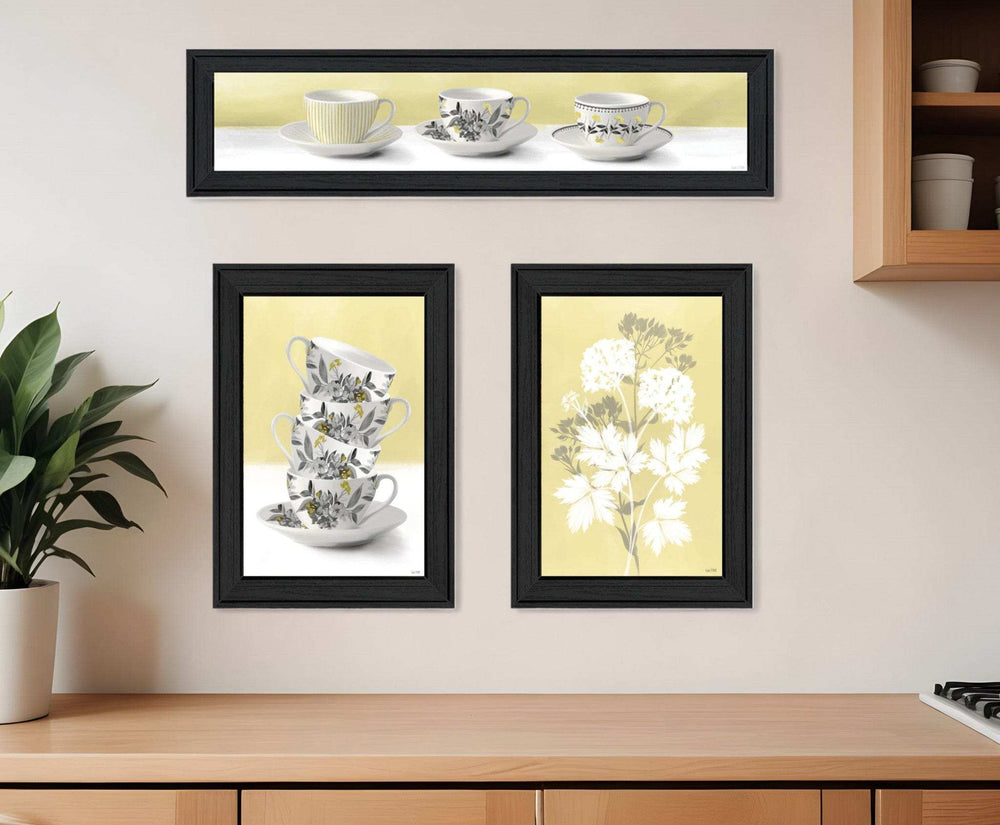 Set Of Three Tea Cups and Yellow Flowers Black Framed Print Kitchen Wall Art - Homeroots - Flyclothing LLC