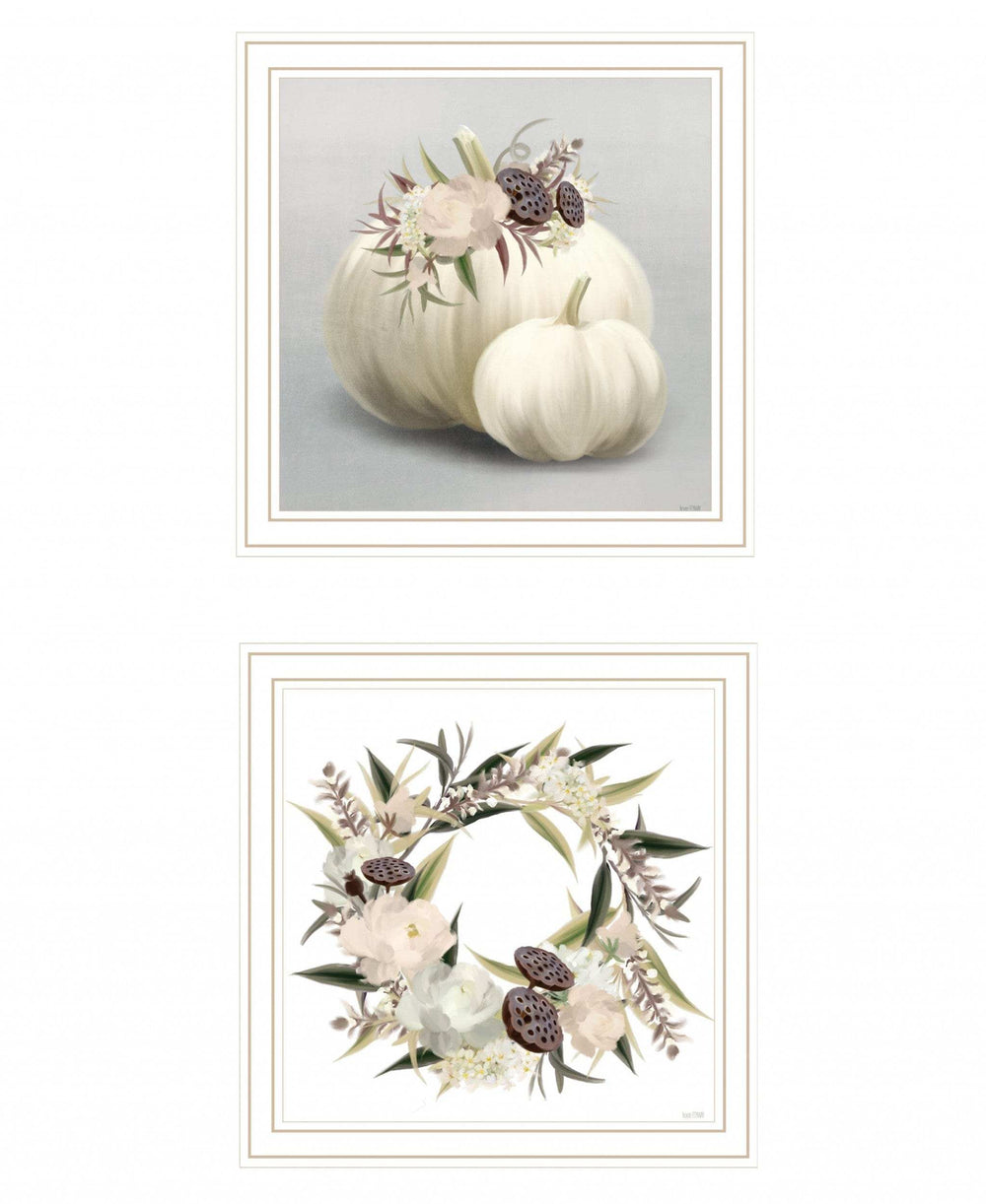 Set Of Two BOHO Pumpkins and Flowers 2 White Framed Print Wall Art - Homeroots - Flyclothing LLC