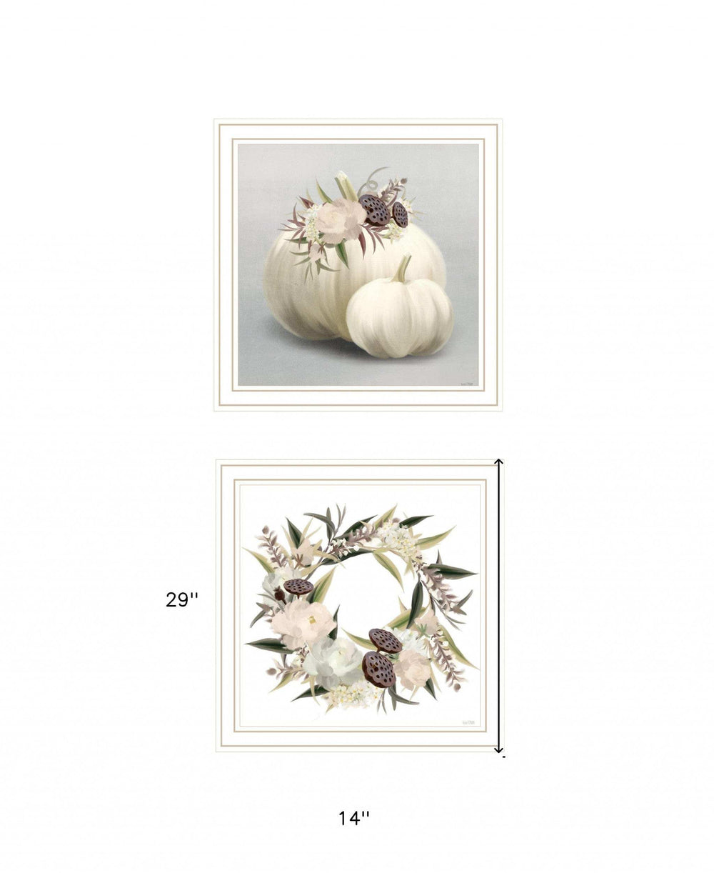 Set Of Two BOHO Pumpkins and Flowers 2 White Framed Print Wall Art - Homeroots - Flyclothing LLC
