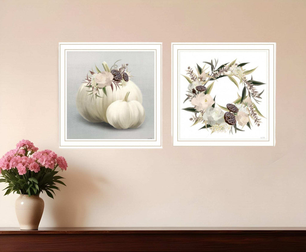 Set Of Two BOHO Pumpkins and Flowers 2 White Framed Print Wall Art - Homeroots - Flyclothing LLC