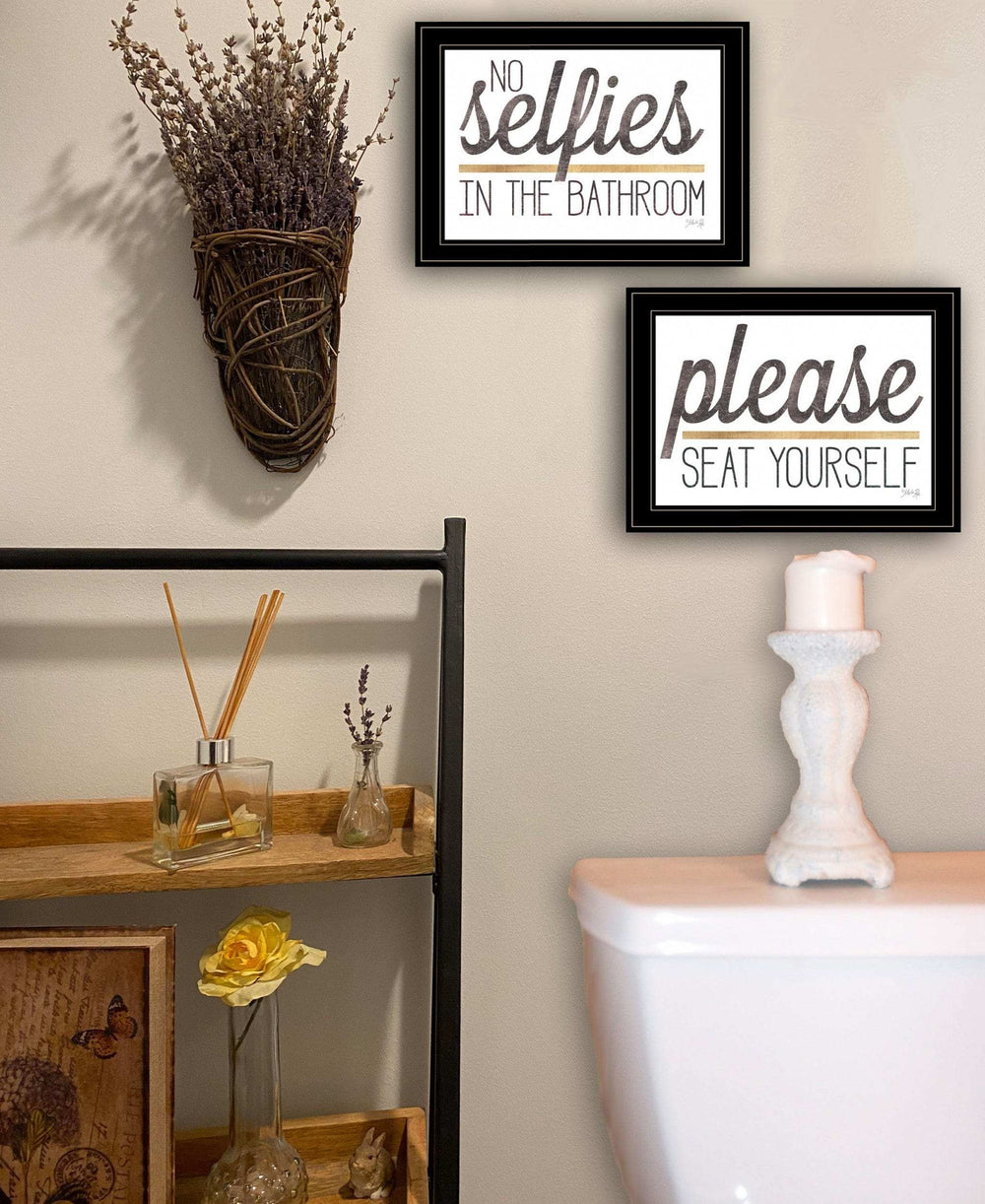 Set Of Two No Selfies When Seated 2 Black Framed Print Bathroom Wall Art - Homeroots - Flyclothing LLC