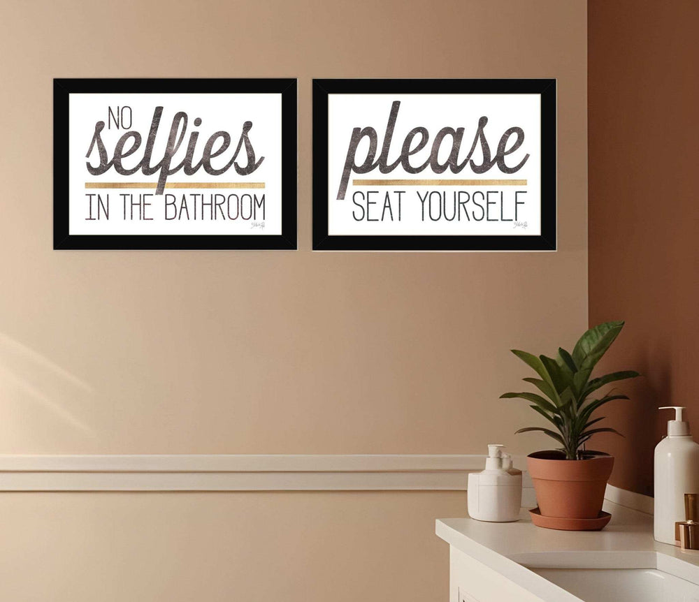 Set Of Two No Selfies When Seated Black Framed Print Bathroom Wall Art - Homeroots - Flyclothing LLC