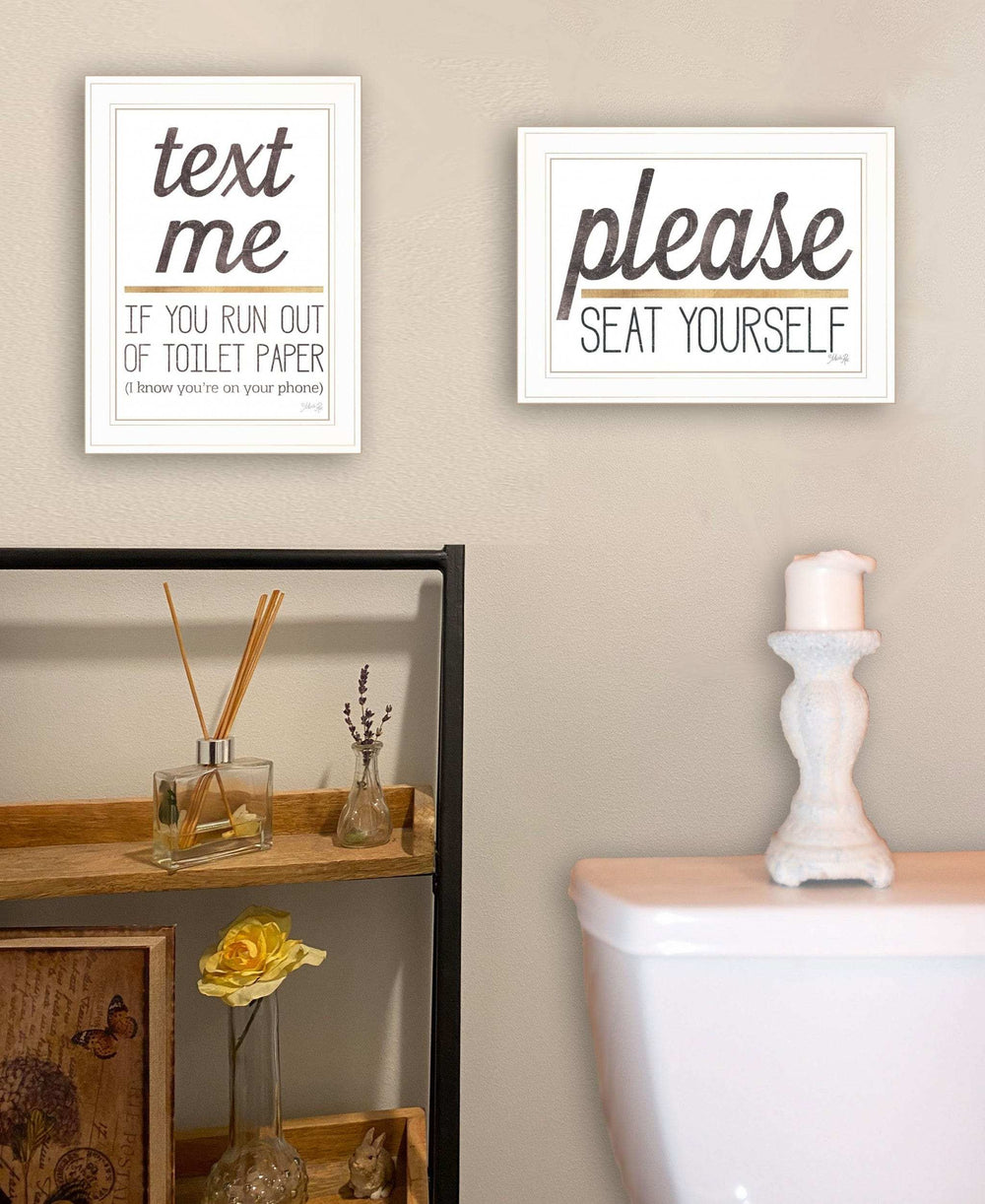 Set Of Two Text Me If You Run Out of Toilet Paper While Seated 1 White Framed Print Wall Art - Homeroots - Flyclothing LLC