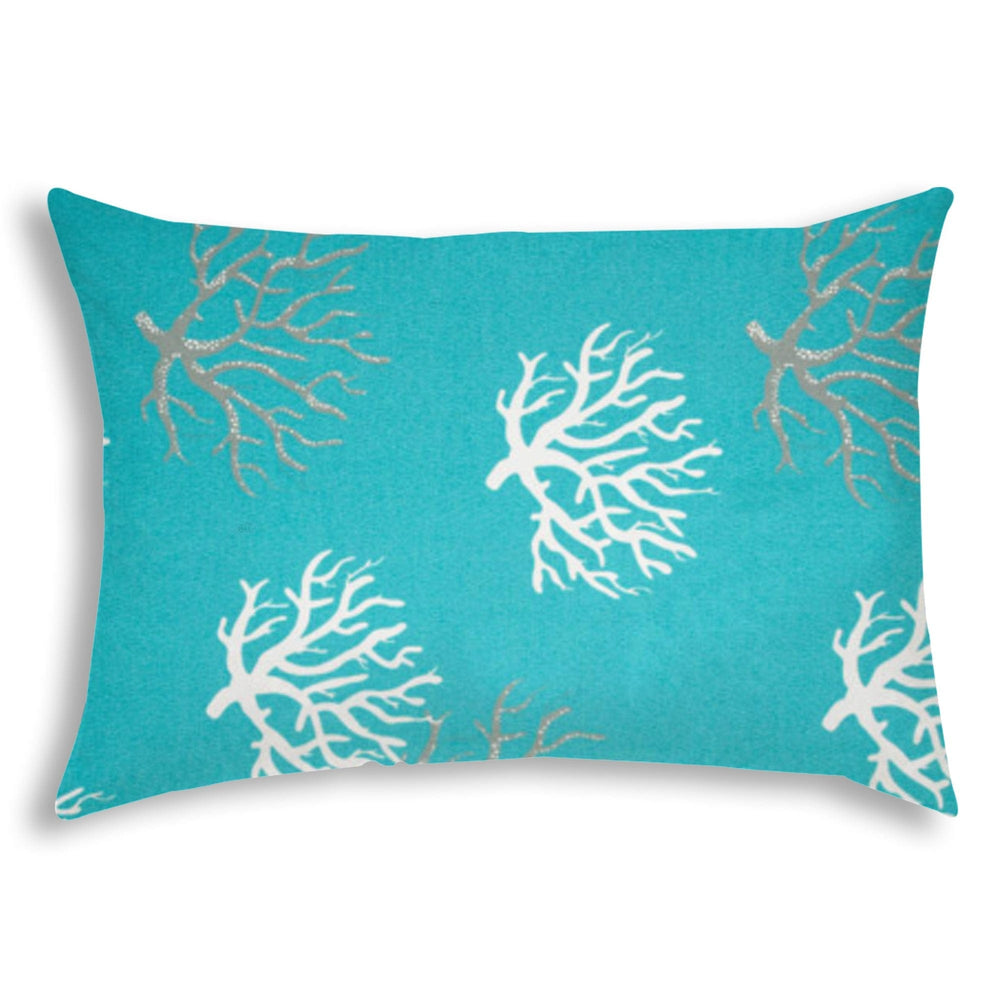 14" X 20" Aqua And White Corals Blown Seam Coastal Lumbar Indoor Outdoor Pillow - Homeroots - Flyclothing LLC