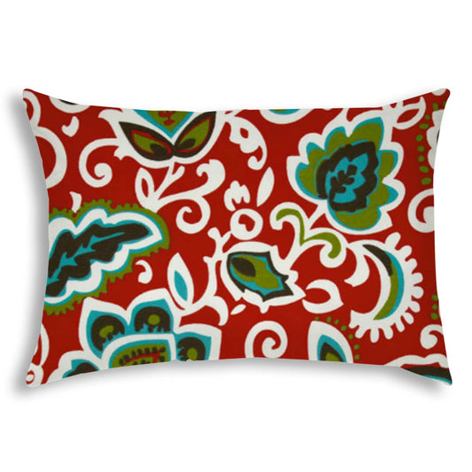 14" X 20" Read And Green Blown Seam Floral Lumbar Indoor Outdoor Pillow - Homeroots