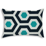 14" X 20" White And Aqua Blown Seam Geometric Lumbar Indoor Outdoor Pillow - Homeroots