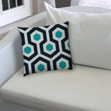 14" X 20" White And Aqua Blown Seam Geometric Lumbar Indoor Outdoor Pillow