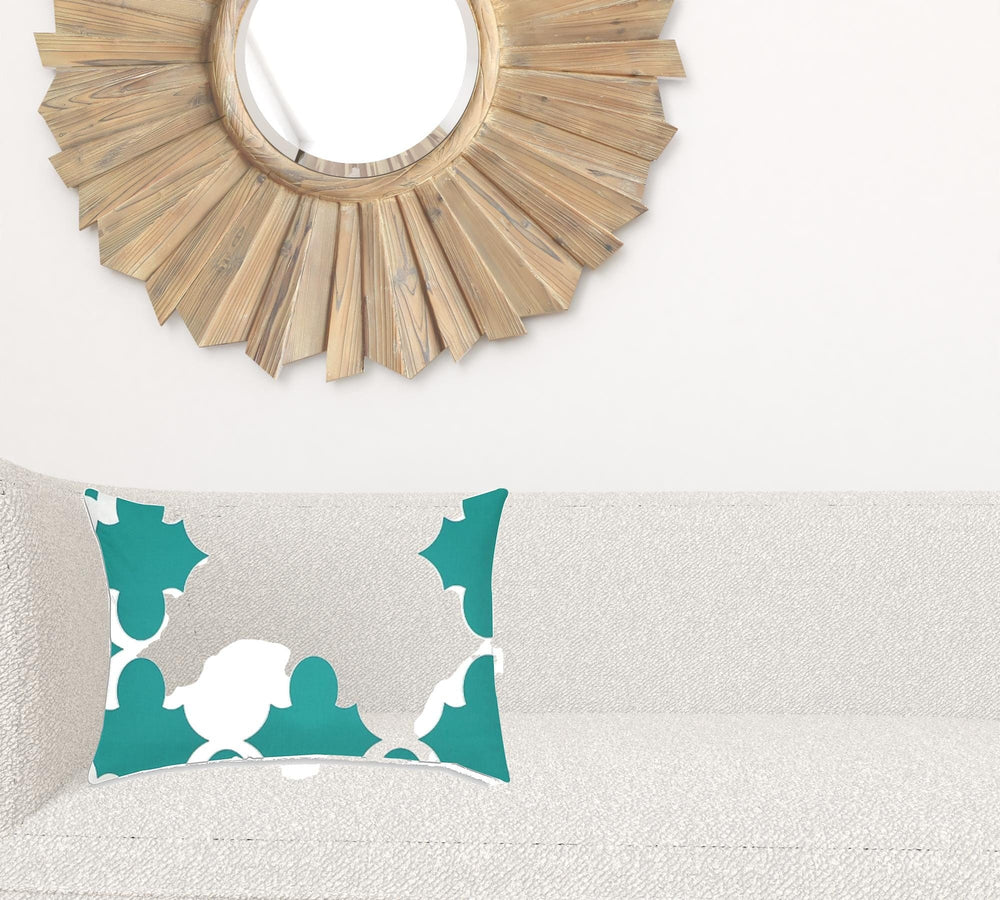14" X 20" Turquoise And White Blown Seam Quatrefoil Lumbar Indoor Outdoor Pillow - Homeroots - Flyclothing LLC