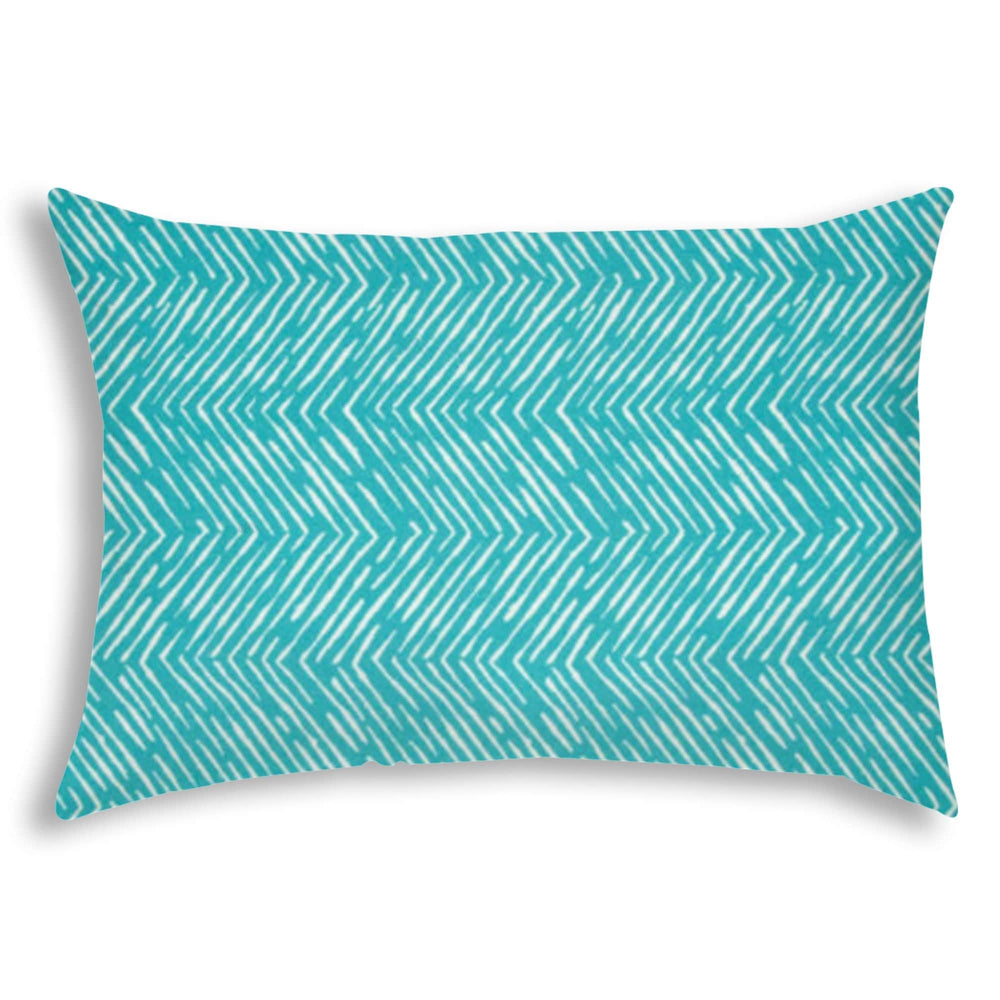 14" X 20" Turquoise And White Blown Seam Zigzag Lumbar Indoor Outdoor Pillow - Homeroots
