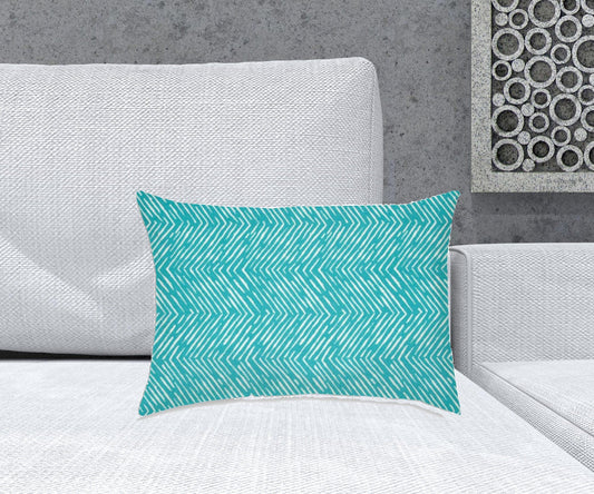 14" X 20" Turquoise And White Blown Seam Zigzag Lumbar Indoor Outdoor Pillow - Homeroots