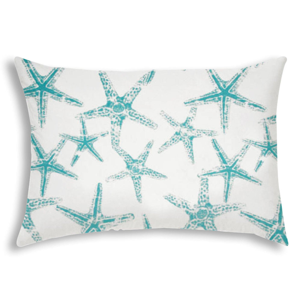 14" X 20" Turquoise And White Starfish Blown Seam Nautical Lumbar Indoor Outdoor Pillow - Homeroots - Flyclothing LLC