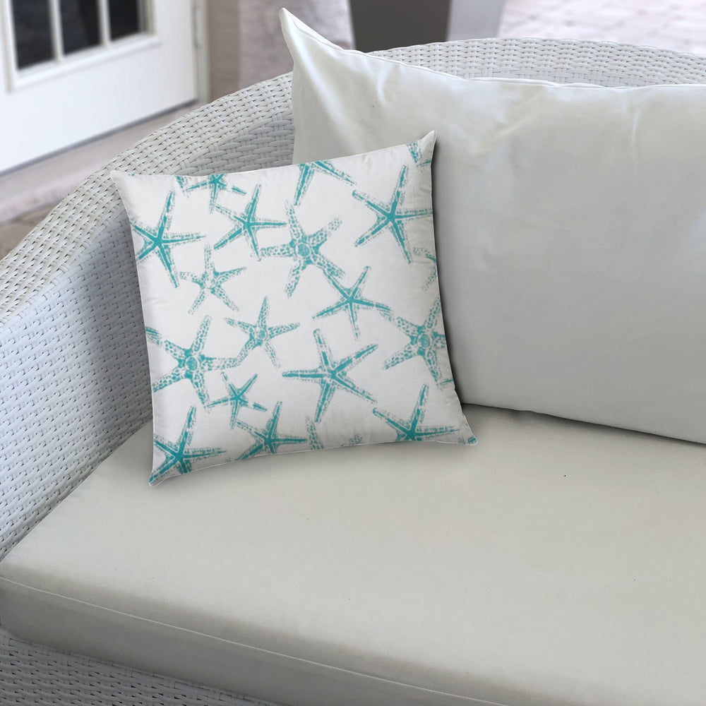 14" X 20" Turquoise And White Starfish Blown Seam Nautical Lumbar Indoor Outdoor Pillow - Homeroots - Flyclothing LLC