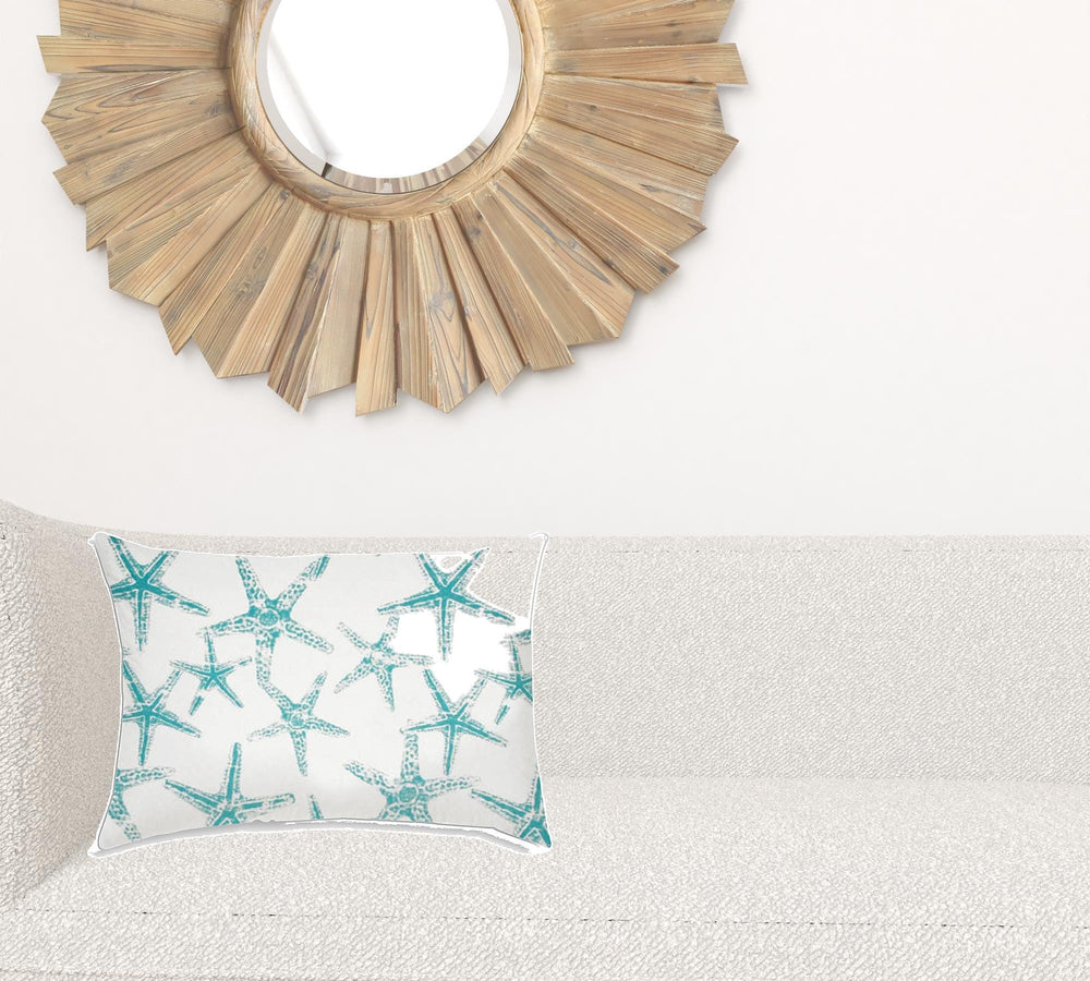 14" X 20" Turquoise And White Starfish Blown Seam Nautical Lumbar Indoor Outdoor Pillow - Homeroots - Flyclothing LLC