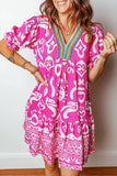 Mixed Print Contrast Trim V Neck Short Sleeve Flared Dress - Trendsi - Flyclothing LLC