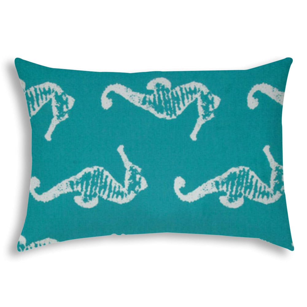 14" X 20" Turquoise And White Seahorse Blown Seam Lumbar Indoor Outdoor Pillow - Homeroots - Flyclothing LLC