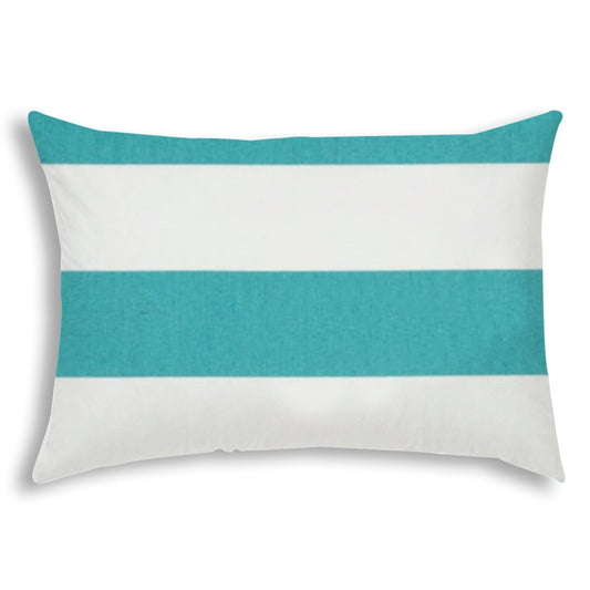 14" X 20" Turquoise And White Blown Seam Striped Lumbar Indoor Outdoor Pillow - Homeroots