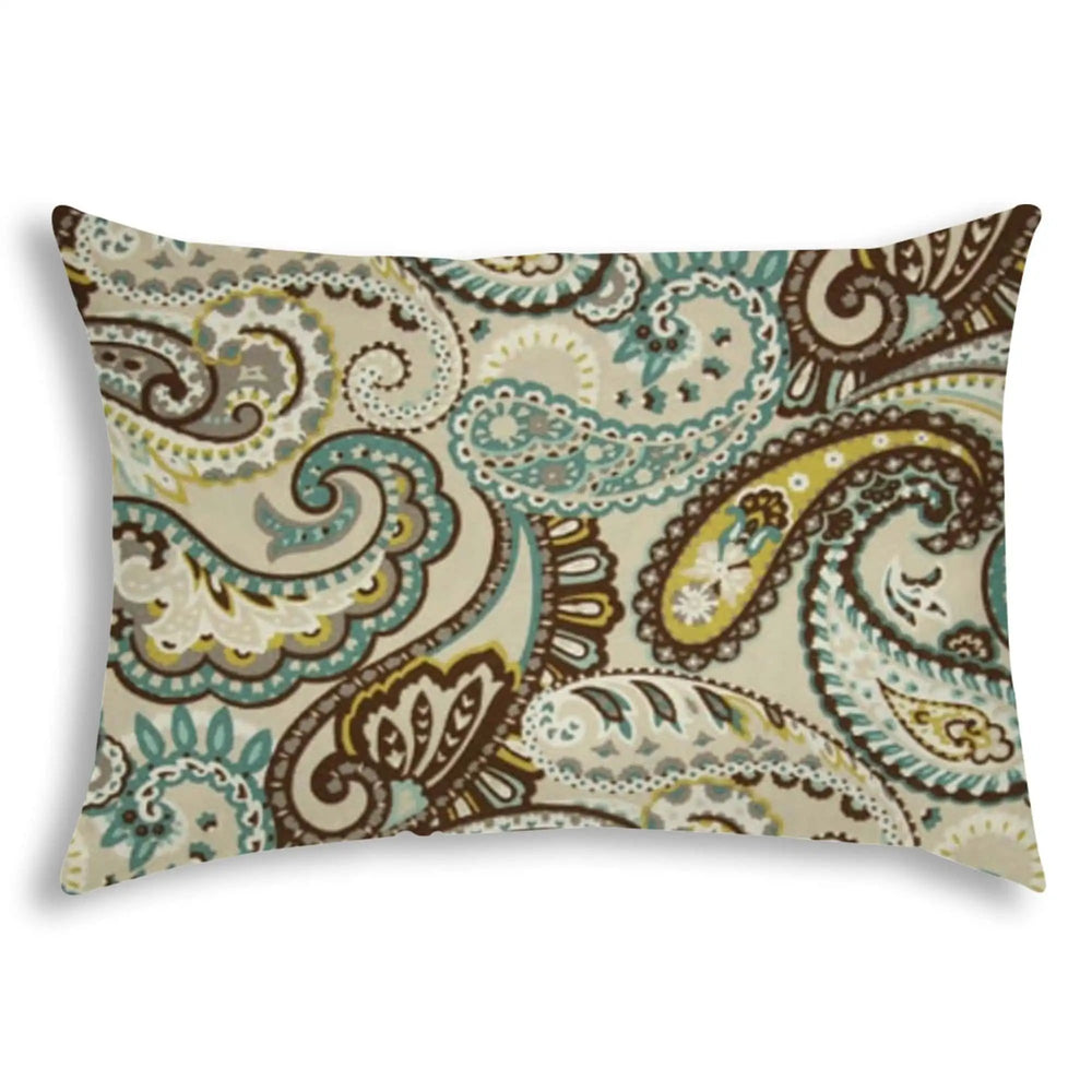 14" X 20" Brown And Teal Blown Seam Paisley Lumbar Indoor Outdoor Pillow - Homeroots - Flyclothing LLC