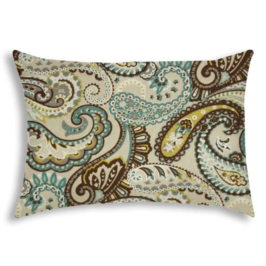 14" X 20" Brown And Teal Blown Seam Paisley Lumbar Indoor Outdoor Pillow - Homeroots