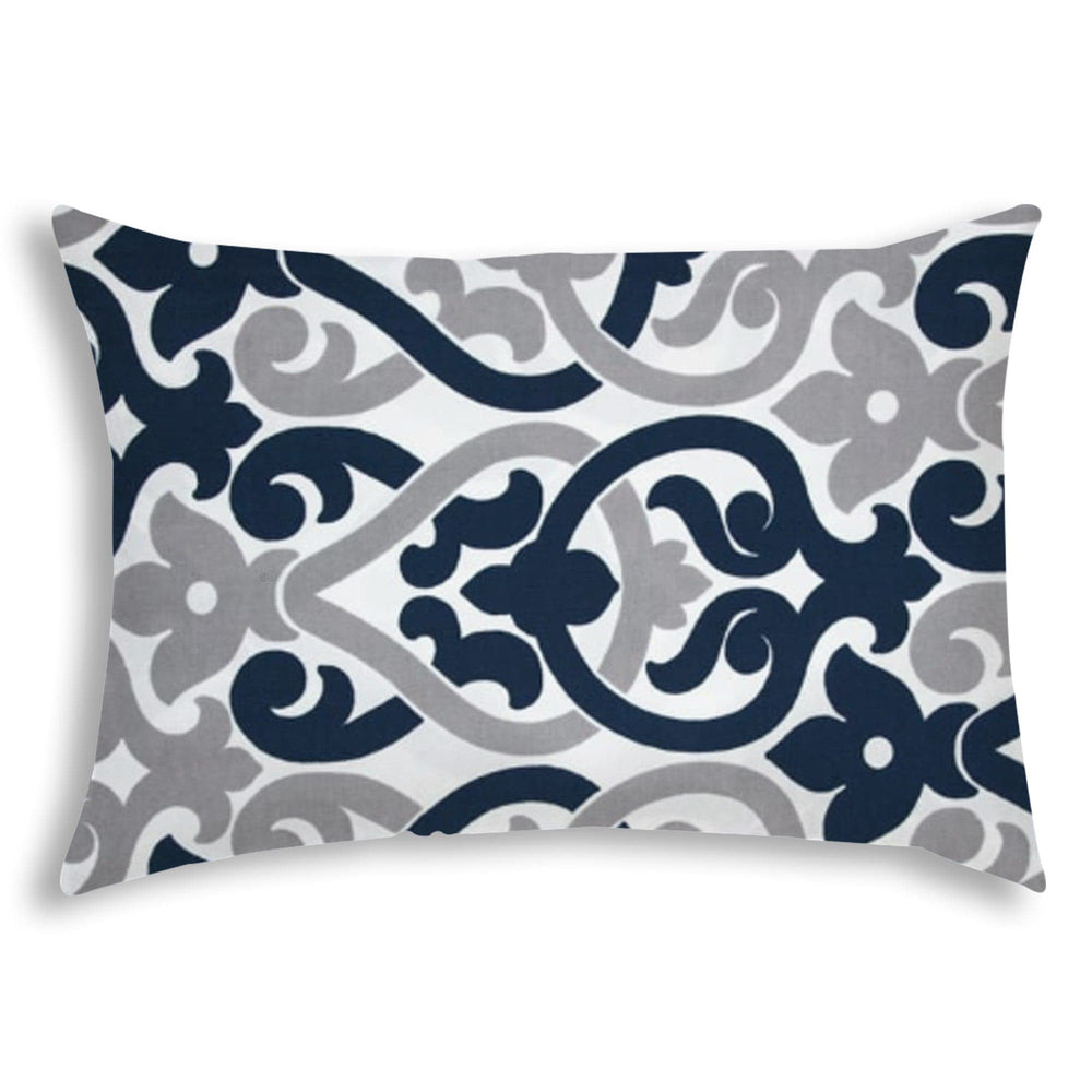 14" X 20" Navy Blue And White Blown Seam Trellis Lumbar Indoor Outdoor Pillow - Homeroots