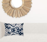 14" X 20" Navy Blue And White Blown Seam Trellis Lumbar Indoor Outdoor Pillow - Homeroots