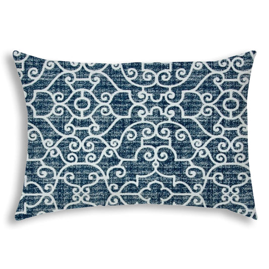 14" X 20" Indigo And Navy Blown Seam Stencil Lumbar Indoor Outdoor Pillow - Homeroots