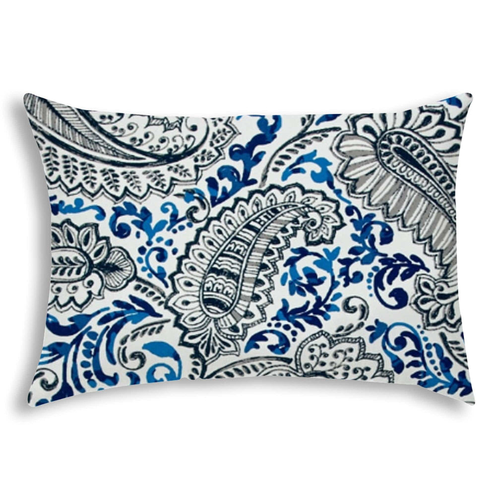 14" X 20" White And Blue Blown Seam Paisley Lumbar Indoor Outdoor Pillow - Homeroots - Flyclothing LLC