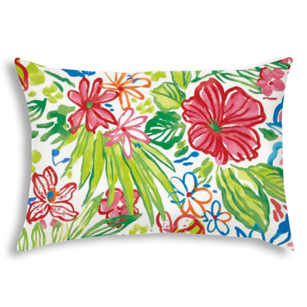 14" X 20" White And Green Blown Seam Floral Lumbar Indoor Outdoor Pillow - Homeroots - Flyclothing LLC