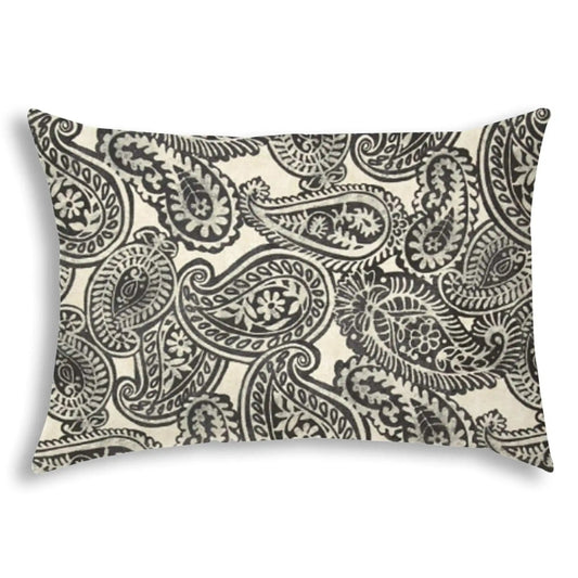 14" X 20" Gray And Cream Blown Seam Paisley Lumbar Indoor Outdoor Pillow - Homeroots