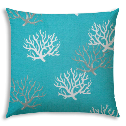 17" X 17" Aqua And White Corals Blown Seam Coastal Lumbar Indoor Outdoor Pillow - Homeroots