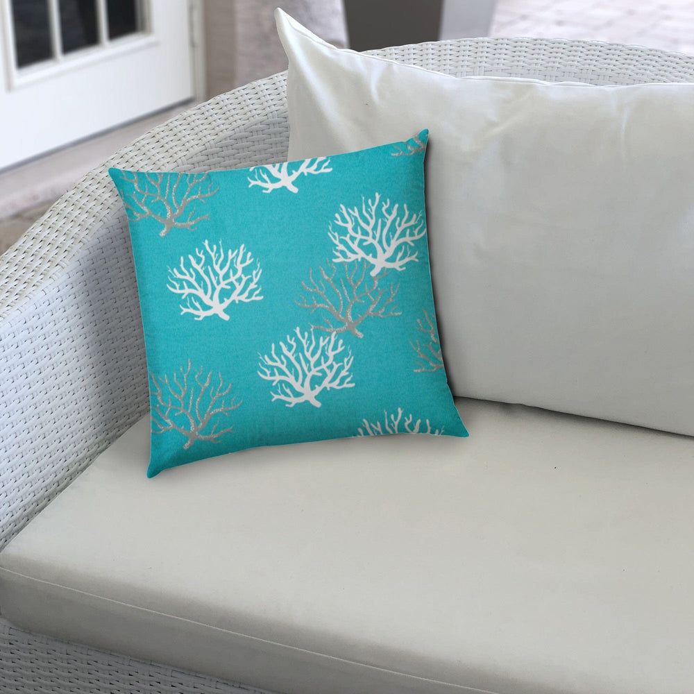 17" X 17" Aqua And White Corals Blown Seam Coastal Lumbar Indoor Outdoor Pillow - Homeroots - Flyclothing LLC