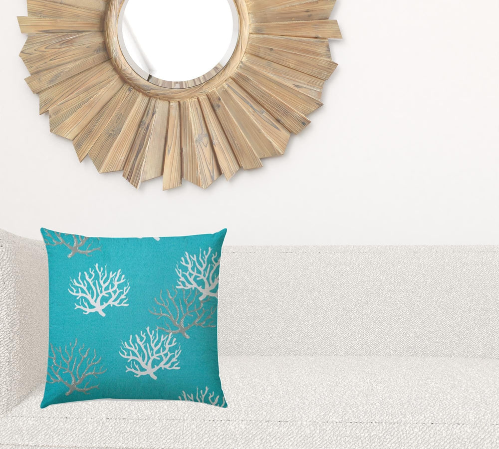 17" X 17" Aqua And White Corals Blown Seam Coastal Lumbar Indoor Outdoor Pillow - Homeroots - Flyclothing LLC