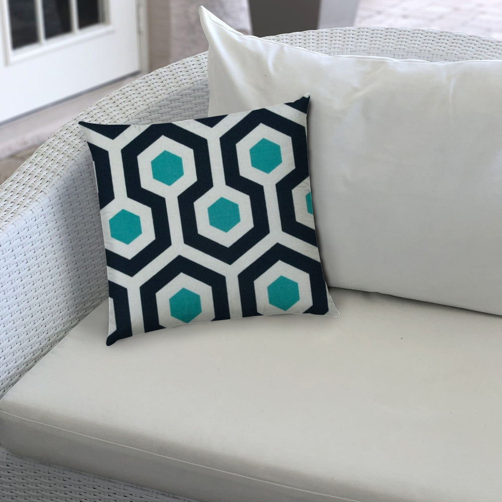 17" X 17" White And Aqua Blown Seam Geometric Lumbar Indoor Outdoor Pillow - Homeroots