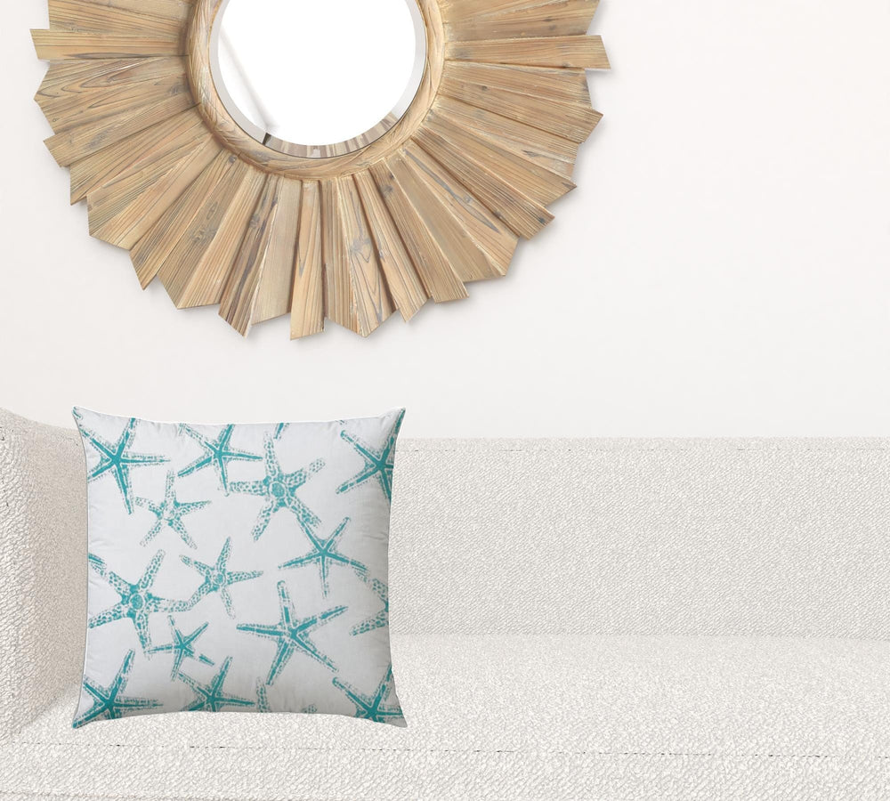 17" X 17" Turquoise And White Starfish Blown Seam Coastal Lumbar Indoor Outdoor Pillow - Homeroots - Flyclothing LLC