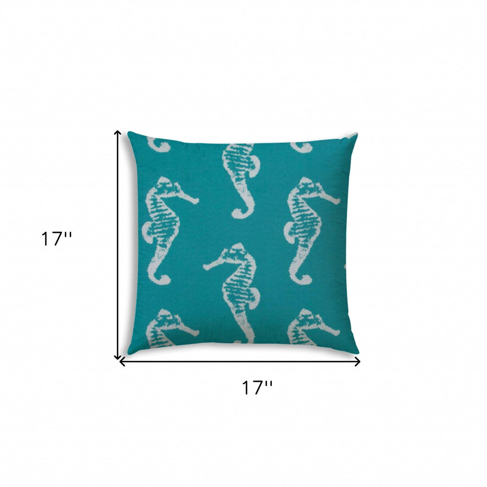 17" X 17" Turquoise And White Seahorse Blown Seam Coastal Lumbar Indoor Outdoor Pillow - Homeroots - Flyclothing LLC