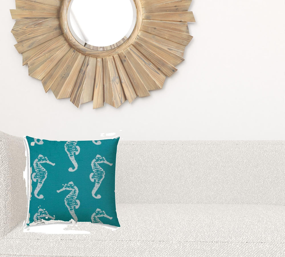 17" X 17" Turquoise And White Seahorse Blown Seam Coastal Lumbar Indoor Outdoor Pillow - Homeroots - Flyclothing LLC