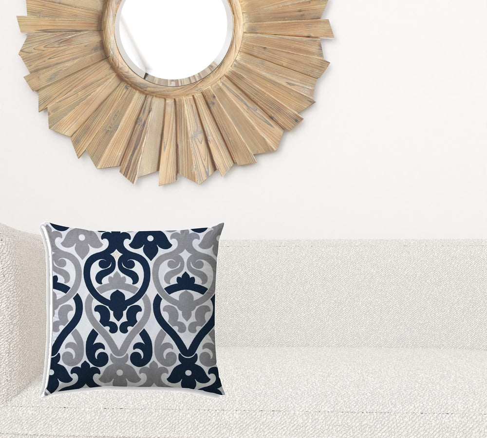 17" X 17" Navy Blue And White Blown Seam Trellis Lumbar Indoor Outdoor Pillow - Homeroots