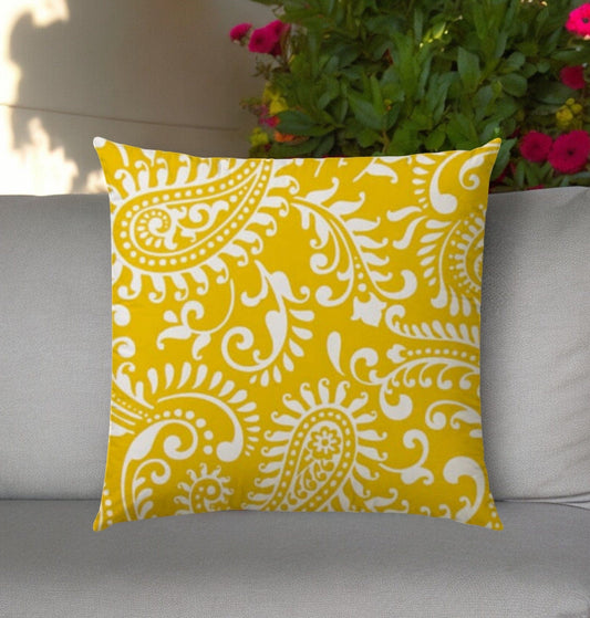 17" Yellow and White Paisley Indoor Outdoor Throw Pillow - Homeroots