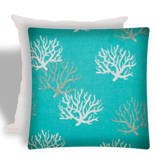17" X 17" Aqua And White Corals Zippered Coastal Throw Indoor Outdoor Pillow - Homeroots