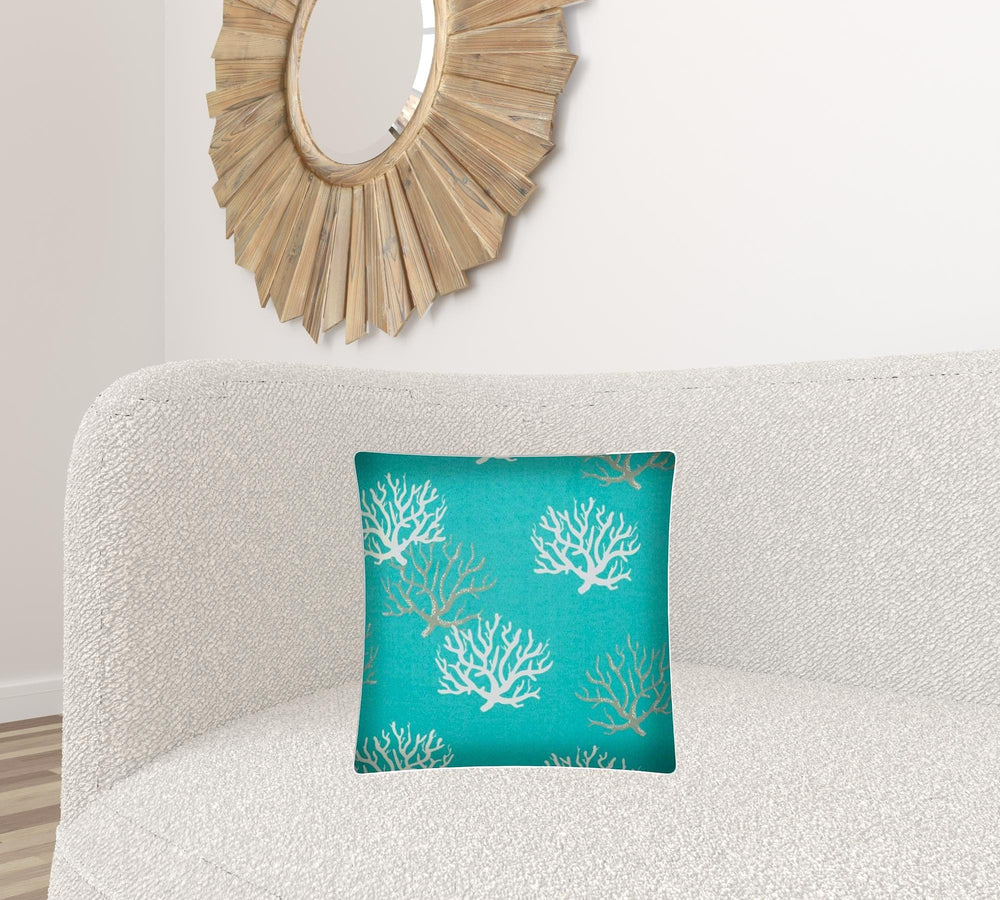 17" X 17" Aqua And White Corals Zippered Coastal Throw Indoor Outdoor Pillow - Homeroots - Flyclothing LLC