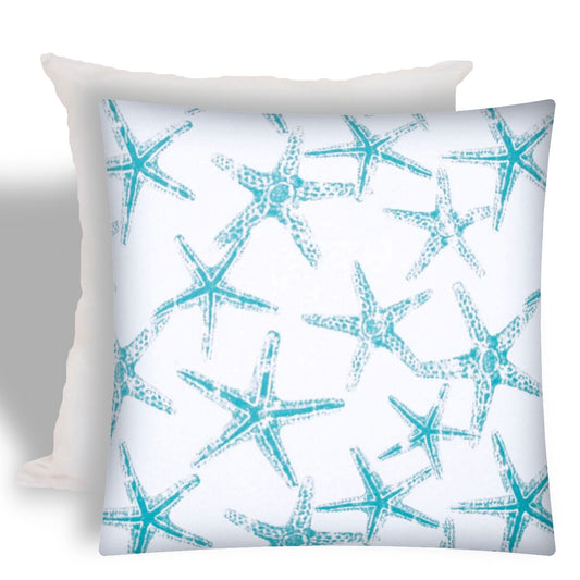 17" X 17" Turquoise And White Starfish Zippered Coastal Throw Indoor Outdoor Pillow - Homeroots