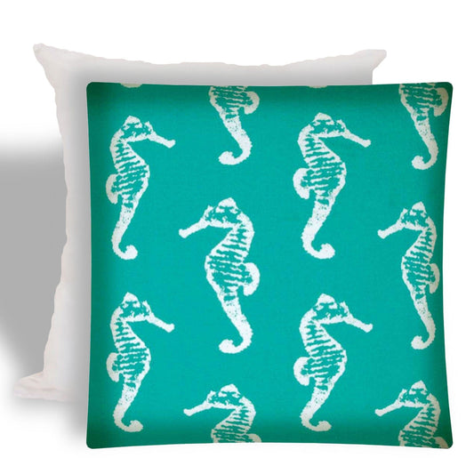 17" X 17" Turquoise And White Seahorse Zippered Coastal Throw Indoor Outdoor Pillow - Homeroots