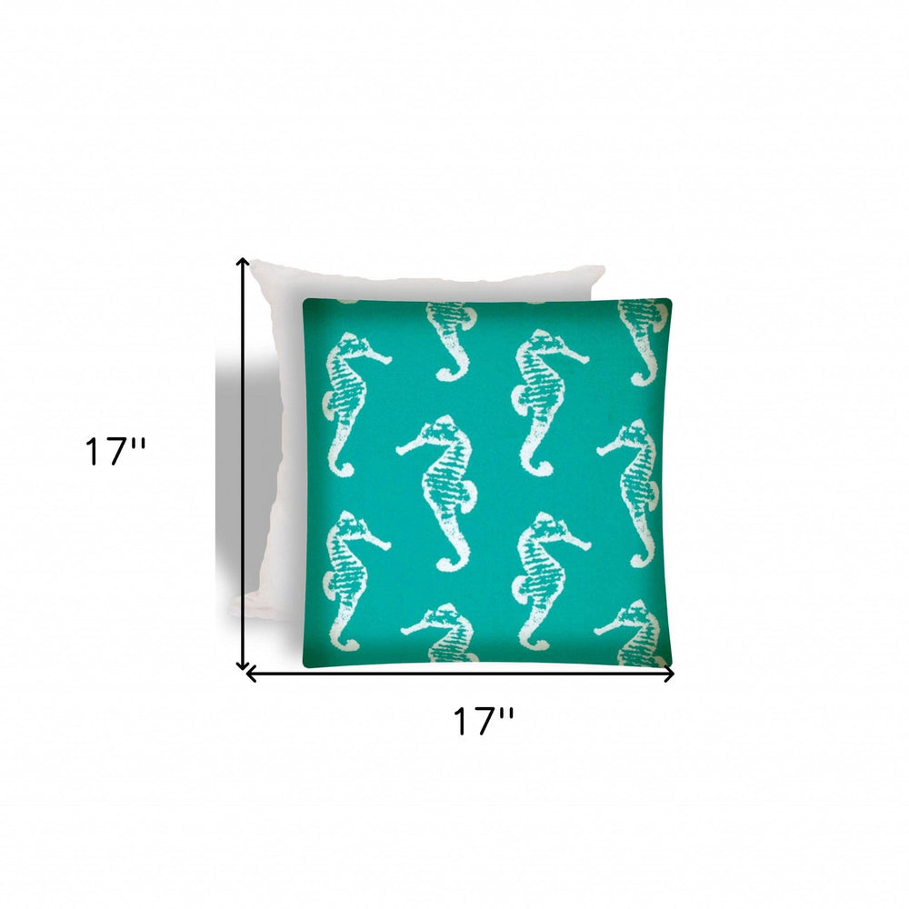 17" X 17" Turquoise And White Seahorse Zippered Coastal Throw Indoor Outdoor Pillow - Homeroots - Flyclothing LLC
