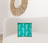 17" X 17" Turquoise And White Seahorse Zippered Coastal Throw Indoor Outdoor Pillow - Homeroots - Flyclothing LLC