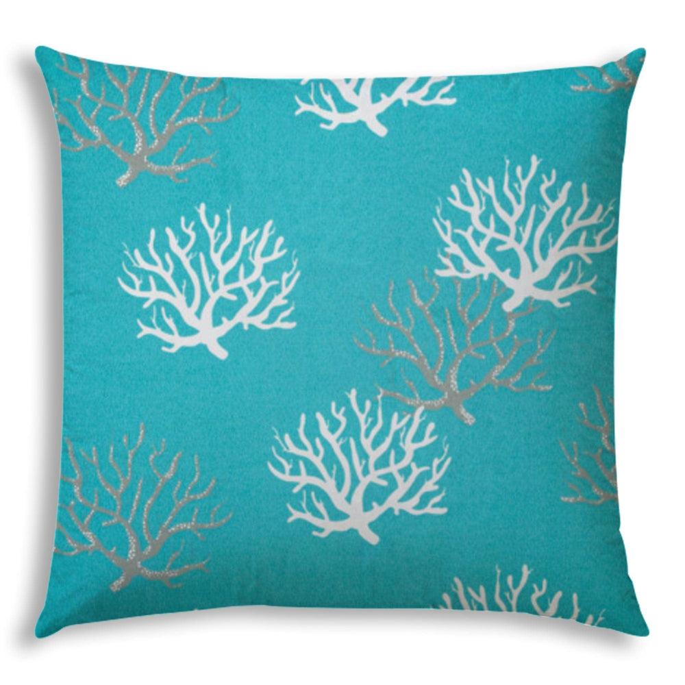 20" X 20" Aqua And White Corals Blown Seam Coastal Throw Indoor Outdoor Pillow - Homeroots - Flyclothing LLC